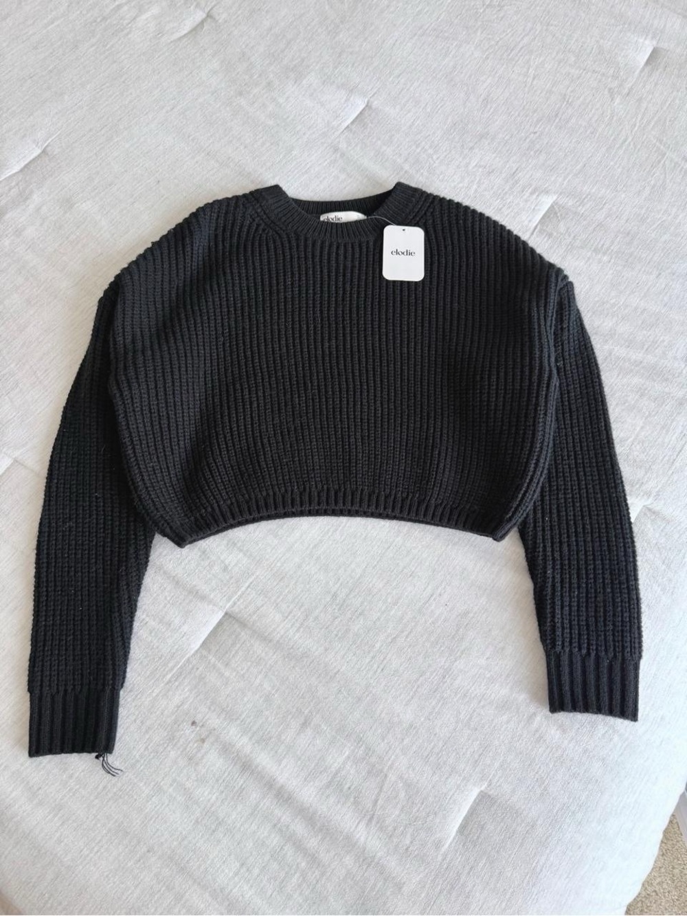 NWT Elodie Cropped Black Ribbed Pullover Crew Neck Sweater